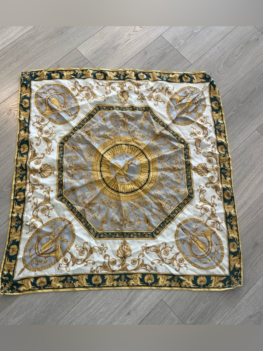 Versace Gold, Ivory & Green Baroque Silk Scarf from early 2000s